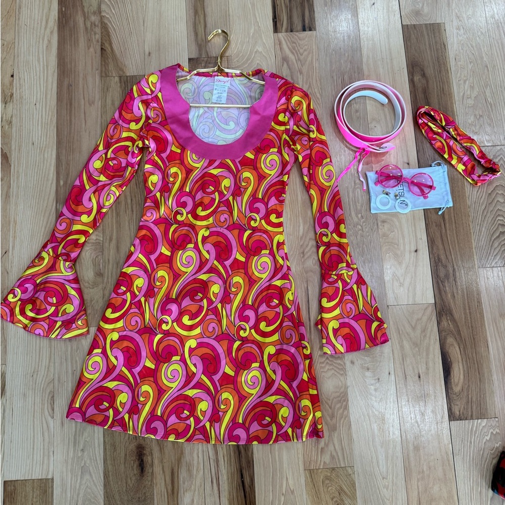 70’s Dream Girl Vibrant Swirl Pattern Dress w Accessories Adult Small Halloween